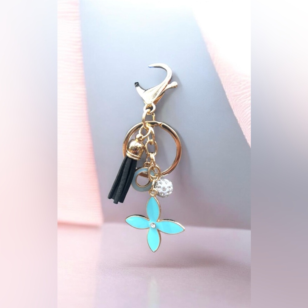 Gold Tone Keychain Bag Charm & Teal Blue Clover & Black Tassel & Rhinestones